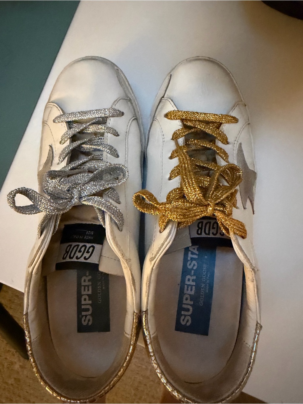 Golden Goose White Sneakers with Gold & Silver Laces